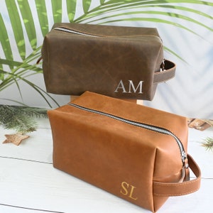 Personalised Embossed Men's Leather Wash Bag with Strap | Black or Brown | Leather Toiletry Bag Embossed with Initials