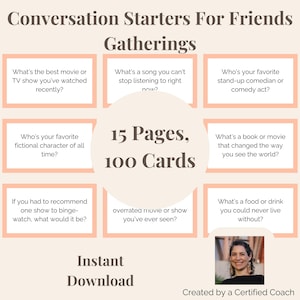 May include: A pink and white printable conversation starter card set for friends' gatherings. The cards feature 100 conversation starters, including questions about favourite movies, songs, books, and food. The text "15 Pages, 100 Cards" is featured in the centre of the image.