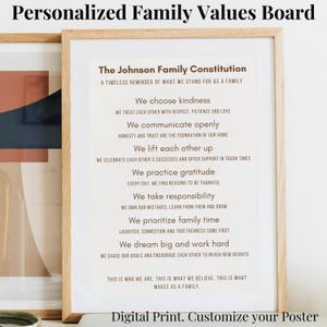 May include: A printable poster with a brown frame and white background. The text reads "The Johnson Family Constitution" and lists family values such as "We choose kindness", "We communicate openly", and "We lift each other up".