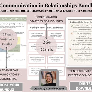 Puede incluir: Un paquete de descarga digital rosa y blanco para parejas para mejorar la comunicación en las relaciones. El paquete incluye 16 páginas imprimibles, 264 tarjetas de inicio de conversación y 10 elementos esenciales para conexiones más profundas. La imagen presenta a una mujer sonriendo y sosteniendo una tarjeta.