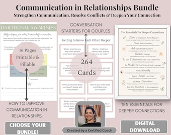 Puede incluir: Un paquete de descarga digital rosa y blanco para parejas para mejorar la comunicación en las relaciones. El paquete incluye 16 páginas imprimibles, 264 tarjetas de inicio de conversación y 10 elementos esenciales para conexiones más profundas. La imagen presenta a una mujer sonriendo y sosteniendo una tarjeta.