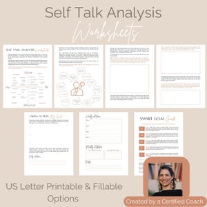 Puede incluir: Un conjunto de hojas de trabajo imprimibles para el análisis del diálogo interno. Las hojas de trabajo incluyen secciones para identificar el diálogo interno negativo, establecer objetivos y tomar medidas. Las hojas de trabajo están diseñadas para ayudar a las personas a mejorar su autoestima y confianza. Las hojas de trabajo están en un esquema de color marrón claro y blanco con una foto de una mujer en la esquina inferior derecha.
