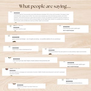 May include: A light beige background features customer reviews with five-star ratings. The text "What people are saying..." is at the top. Reviews praise a worksheet for communication and conflict resolution, highlighting its ease of use and helpfulness.