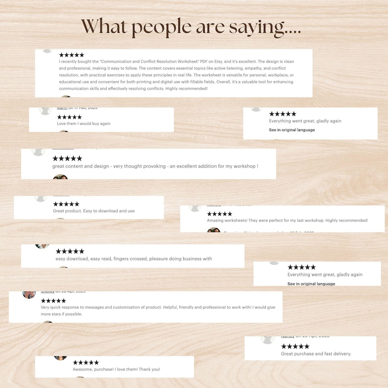 May include: A light beige background features customer reviews with five-star ratings. The text "What people are saying..." is at the top. Reviews praise a worksheet for communication and conflict resolution, highlighting its ease of use and helpfulness.