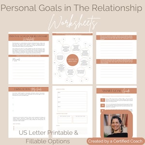 以下が含まれることがあります： 人間関係における個人的な目標のための印刷可能なワークシート。ワークシートには、目標設定、行動、スマート目標設定のセクションが含まれています。ワークシートは、個人が人間関係を改善するのに役立つように設計されています。ワークシートは、認定コーチによって作成されています。