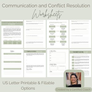 May include: A set of printable worksheets for communication and conflict resolution. The worksheets are designed to help people improve their communication skills and resolve conflicts in a healthy way. The worksheets are in a green and white color scheme and feature a photo of a woman with a friendly smile.