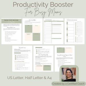 Op de afbeelding: Een printbare productiviteitsboostergids voor drukke moeders. De gids bevat secties over tijd besparende strategieën, tijd blokkeren schema's, wekelijkse maaltijdplannen, stressverminderende technieken en een familiebindingsstrategie. De gids is beschikbaar in de formaten US Letter, Half Letter en A4.