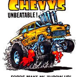 May include: A yellow cartoon illustration of a hot rod car with large tires and flames coming out of the exhaust. The car is labeled "Outlaw" and the text "Chevys Unbeateable!" and "Fords Make Me Throw Up!" is visible.