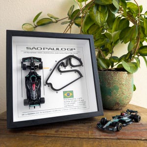 Puede incluir: Una impresión enmarcada en blanco y negro del circuito del Gran Premio de São Paulo con un coche de Fórmula 1 en miniatura. La impresión incluye la fecha de la carrera, el 14 de noviembre de 2021, y el nombre del circuito, Autódromo José Carlos Pace. La impresión también incluye la bandera brasileña y los detalles de la carrera, incluyendo el primer Gran Premio, el número de vueltas, la longitud del circuito y el récord de vuelta.