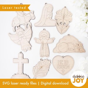 Può includere: Una collezione di ornamenti pasquali in legno tagliati al laser. Il set include raffigurazioni di figure religiose, una croce, un cuore con la scritta "He is Risen" e altri simboli correlati. Sono visibili anche le parole "Laser tested" e "SVG laser ready files | Digital download".