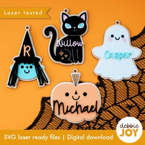 Halloween Basket Tag SVG Bundle: Witch, Ghost, Cat, Pumpkin (Laser Cut Files, Commercial License)