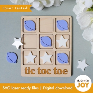 Space Tic Tac Toe Laser Cut SVG File: Planet & Star Counters (Digital Download)
