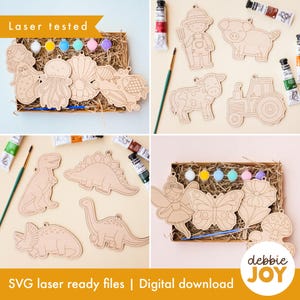 Könnte beinhalten: Holz-Bastelsets mit verschiedenen Formen, darunter Meerjungfrauen, Dinosaurier und Bauernhoftiere. Jedes Set enthält Farbtöpfe und einen Pinsel. Der Text "Laser tested" und "SVG laser ready files | Digital download" sind sichtbar.