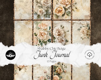 May include: A digital printable junk journal kit with 12 pages featuring shabby chic beige backgrounds with floral designs. The pages have a distressed, vintage look with faded text and images of roses.