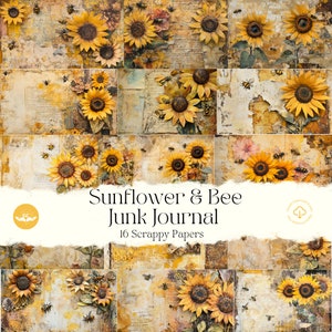 Sunflower Bee Junk Journal Paper of Sunflower Journal Sheets Printables Digital Papers Botanical Junk Journal Kit Digital Collage Sheet