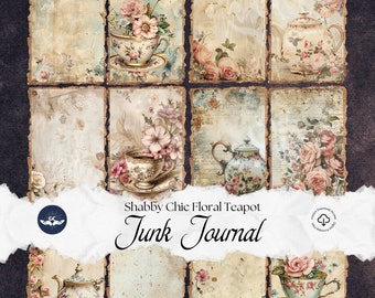 Shabby Chic Floral Teapot Junk Journal Kit Printable Pages of Tea Journal Floral Ephemera Digital Download Scrappy Paper Vintage Journal