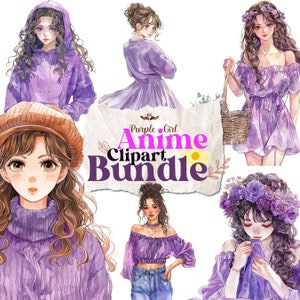 Purple Anime Girl Watercolor Clipart Bundle, Transparent PNG, Digital Download, Junk Journal Scrapbooking, Card making