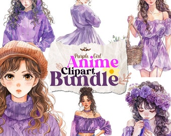 Purple Anime Girl Watercolor Clipart Bundle, Transparent PNG, Digital Download, Junk Journal Scrapbooking, Card making