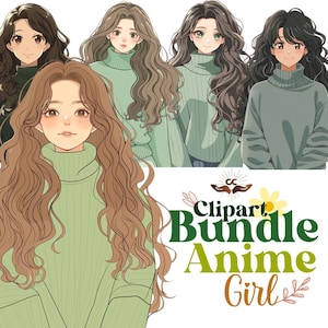Anime Girls Clipart Bundle Girls in Green Sweater Beautiful Girl Clipart Digital Download Pretty Girl Planner Clipart Anime Girl Twerking