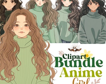 Anime Girls Clipart Bundle Girls in Green Sweater Beautiful Girl Clipart Digital Download Pretty Girl Planner Clipart Anime Girl Twerking