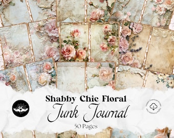 May include: A digital collage of 50 pages with a shabby chic floral design. The pages are distressed and have a vintage look. The text "Shabby Chic Floral Junk Journal" is in the center of the image.