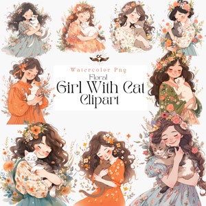 Girl with Cat Clipart Cute Girl Clipart of Girl PNGs Beautiful Girl Clipart Bundle Schoolgirls Printables Instant Download Commercial Use