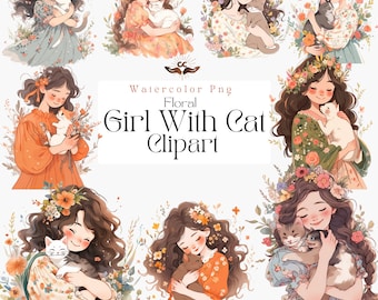 Girl with Cat Clipart Cute Girl Clipart of Girl PNGs Beautiful Girl Clipart Bundle Schoolgirls Printables Instant Download Commercial Use