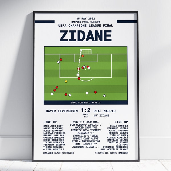 Zidane Football Poster Goal, Real Madrid Football Wall Art, Real Madrid vs Bayer Leverkusen, Iconic Football Goal, Football Gift Print