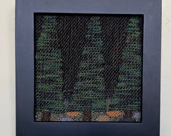 Forest at Night: framed handwoven miniature tapestry. Free Shipping