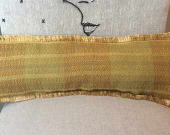Golden stripes. Hand woven pillow by Laura Foster Nicholson.  Wool and cotton, Brush fringe trim.  Free shipping!