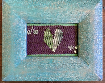 Sprigs, small tapestry with blue-green wooden frame