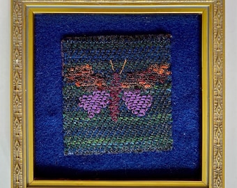 Miniature butterfly weaving in vintage gilded frame