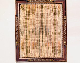Painted Lotus Stripe, handwoven tapestry with painted warp, framed