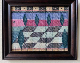 Courtyard with Cypresses, handwoven tapestry, framed