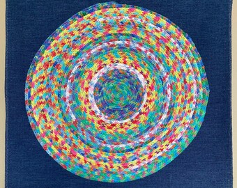 Spool knit Blue Mandala circle, ready to frame