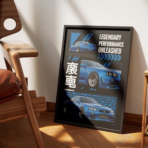 Puede incluir: Póster enmarcado en negro con tres imágenes de un coche deportivo Nissan azul. El póster incluye el texto "LEGENDARY PERFORMANCE UNLEASHED" y caracteres japoneses. El póster está apoyado contra una pared junto a una silla de madera.
