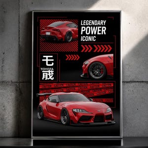 Könnte beinhalten: Gerahmtes Poster mit einem roten Toyota Supra Sportwagen. Das Poster zeigt drei Ansichten des Autos, die Worte "LEGENDARY POWER ICONIC" und japanische Schriftzeichen. Das Wort "CAUTION" wiederholt sich in einem roten Band.