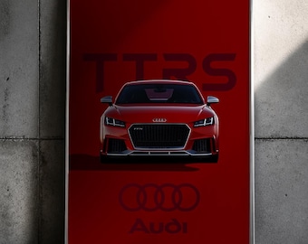 Puede incluir: Impresión enmarcada de un coche deportivo Audi TT RS rojo. El coche está centrado sobre un fondo rojo con el texto "TT RS" y el logotipo de Audi. La imagen está en un marco plateado.