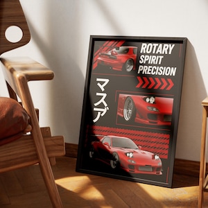 Póster, impresión y arte mural del Mazda RX-7 rojo / Coche JDM, motor rotativo, deportivo RX7