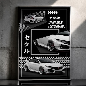 Könnte beinhalten: Gerahmtes Poster mit einem weißen Auto in drei Ansichten, wobei das Design im Mittelpunkt steht. Das Poster enthält den Text "PRECISION ENGINEERED PERFORMANCE" und japanische Schriftzeichen. Das Auto hat spezielle Felgen und ein sportliches Aussehen.