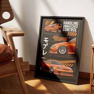 Orange isländisches Silvia S15 Poster, Druck, Wandkunst | JDM Auto, Drift Auto, Sportwagen Kunst