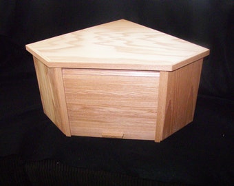 Oak Corner Bread Box with Natural Lacquer Finish and Roll Up Door