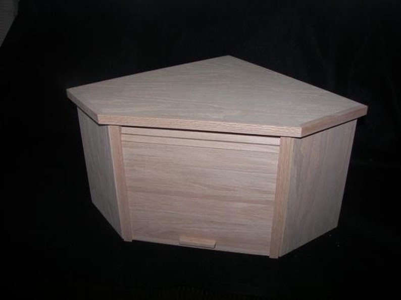 Unfinished Oak Corner Bread Box With Roll Up Door Image 0