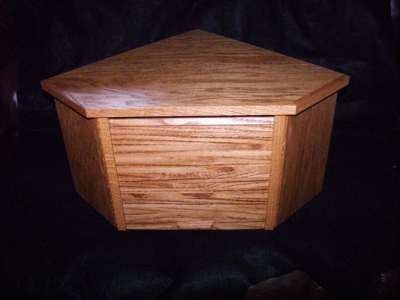 Oak Corner Bread Box With Golden Finish And Roll Up Door Image 0