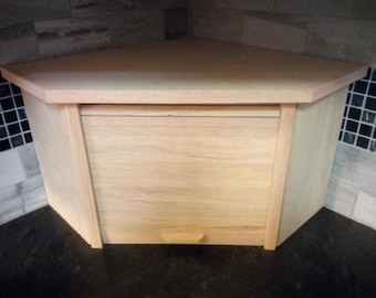 Unfinished Oak Corner Bread Box with Roll Up Door