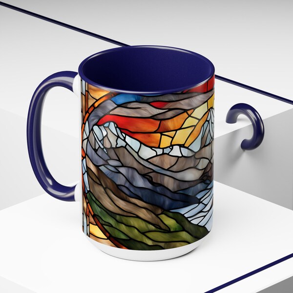 Stained Glass Mountain Mug, Nature Inspired Coffee Mug, Outdoor Design Drinkware Mountaine Scene Tea Cup, Gift for Nature Lover, 11oz