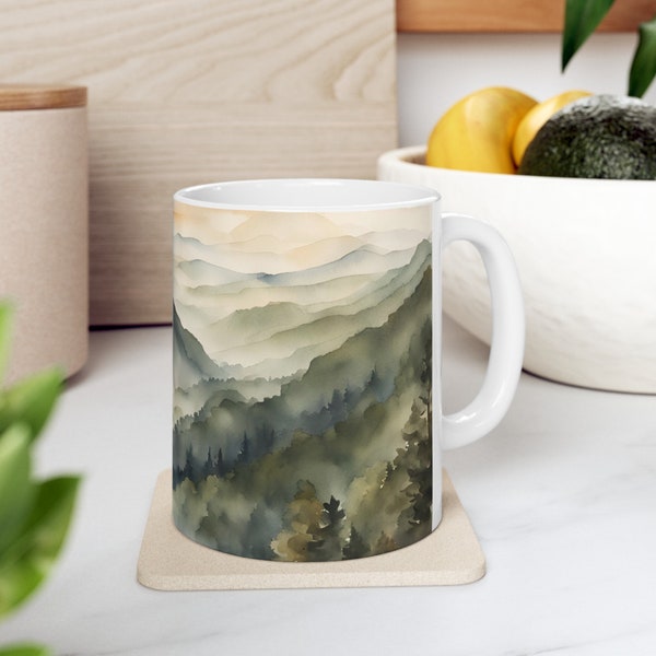 Smokey Mountains Range Mug, Nature Inspired, Outdoor Design, Watercolor Mountain Scene, Dad Gift, Best Gift for Nature Lover, 11oz