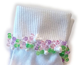 NEW - Tea Party Beaded Socks, girls socks, tri beads, school, white socks, holidays, crochet, thread, handmade, pink, toddlers