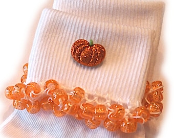 Sparkle Pumpkin Beaded Socks, school, girls, orange, sparkle, pony beads, holidays, white socks, Halloween, toddlers, buttons, Fall