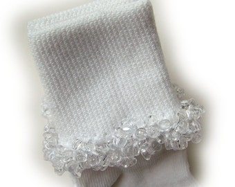 Crystal Clear Beaded Socks, First Communion, girls, tri beads, school, Baptism, Christening, baby, toddlers, women's, crochet, handmade